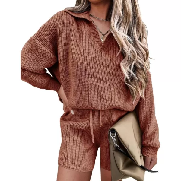 Ekoauer Womens 2 Piece Outfits Long Sleeve Knit Top and Short Pajama Sets Oversized Sweatsuit Sweater SetCaramel