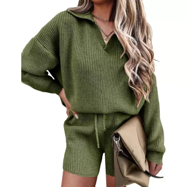 Ekoauer Womens 2 Piece Outfits Long Sleeve Knit Top and Short Pajama Sets Oversized Sweatsuit Sweater SetDeep Green