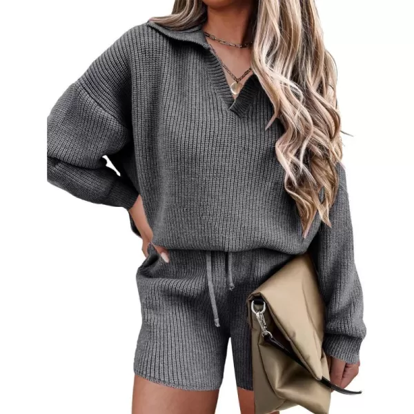 Ekoauer Womens 2 Piece Outfits Long Sleeve Knit Top and Short Pajama Sets Oversized Sweatsuit Sweater SetGrey