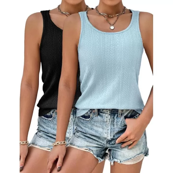 Ekouaer 2 PCS Women Rib Knit Tank Top Scoop Neck Ribbed Basic Sleeveless Pajama TopBlue amp Black