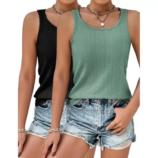 Ekouaer 2 PCS Women Rib Knit Tank Top Scoop Neck Ribbed Basic Sleeveless Pajama TopGreen amp Black