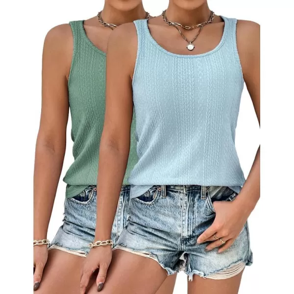 Ekouaer 2 PCS Women Rib Knit Tank Top Scoop Neck Ribbed Basic Sleeveless Pajama TopGreen amp Blue