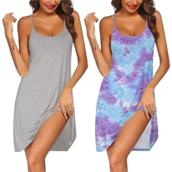 Ekouaer 2 Pack Nightgown for Womens Nightshirt Sleepwear Sleep Tank Chemise Racerback Sleeveless Dress2 Packlight Greyamppuple Tie Dye