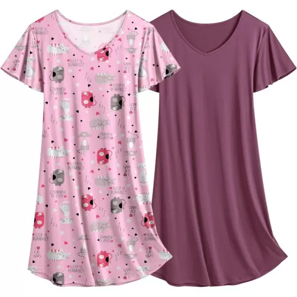 Ekouaer 2 Pack Nightgowns for Women Flare Short Sleeve Sleepshirt V Neck Sleepwear PlainFloral Print Pajama Dress2packcat  Purple