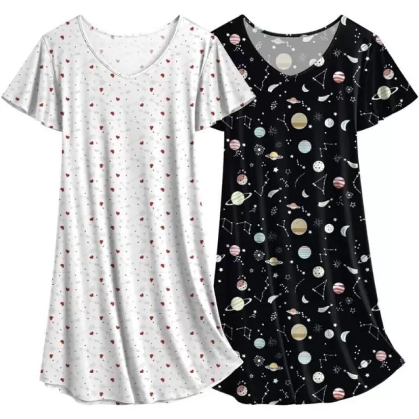 Ekouaer 2 Pack Nightgowns for Women Flare Short Sleeve Sleepshirt V Neck Sleepwear PlainFloral Print Pajama Dress2packheartmoon Print