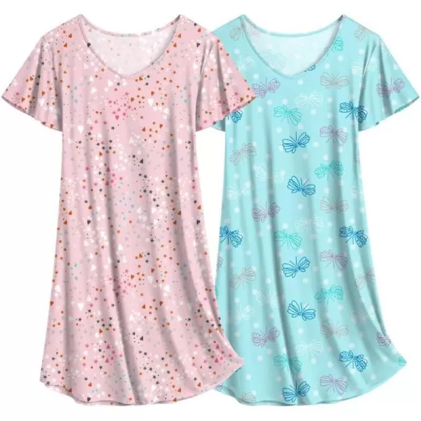 Ekouaer 2 Pack Nightgowns for Women Flare Short Sleeve Sleepshirt V Neck Sleepwear PlainFloral Print Pajama Dress2packstarbutterfly Print