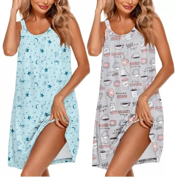 Ekouaer 2 Pack Nightgowns for Women Sleeveless Sleepwear Wide Strap Sleep Shirt Pleated Tank Sleepshirt S3XLBlue Starcoffee Cup