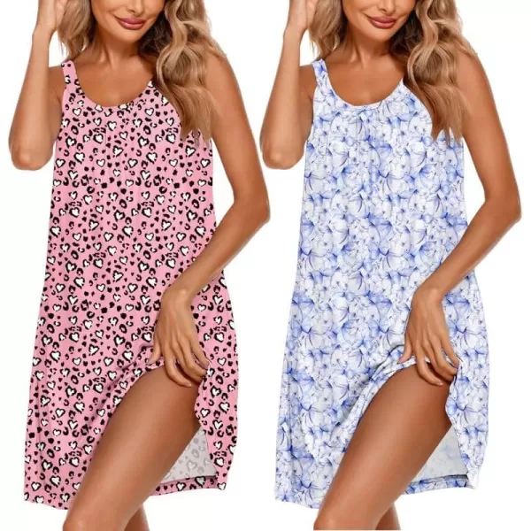 Ekouaer 2 Pack Nightgowns for Women Sleeveless Sleepwear Wide Strap Sleep Shirt Pleated Tank Sleepshirt S3XLLeopardbutterfly Print