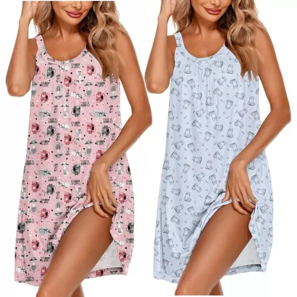 Ekouaer 2 Pack Nightgowns for Women Sleeveless Sleepwear Wide Strap Sleep Shirt Pleated Tank Sleepshirt S3XLPink Catsblue Cats