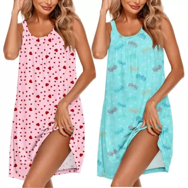 Ekouaer 2 Pack Nightgowns for Women Sleeveless Sleepwear Wide Strap Sleep Shirt Pleated Tank Sleepshirt S3XLPink Heartflying