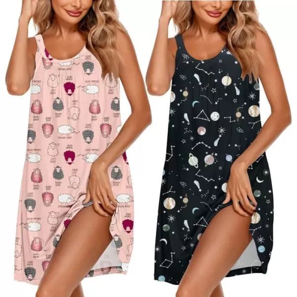 Ekouaer 2 Pack Nightgowns for Women Sleeveless Sleepwear Wide Strap Sleep Shirt Pleated Tank Sleepshirt S3XLPink Sheepcolor Stars