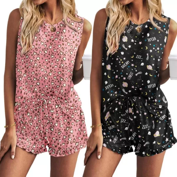 Ekouaer 2 Pack Womens Pajama Set Print Sleepwear Tank Tops and Ruffled Shorts with Pockets Loungewear Outfits SXXLLeopardstarry