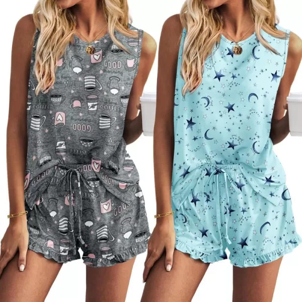 Ekouaer 2 Pack Womens Pajama Set Print Sleepwear Tank Tops and Ruffled Shorts with Pockets Loungewear Outfits SXXLStar Mooncup