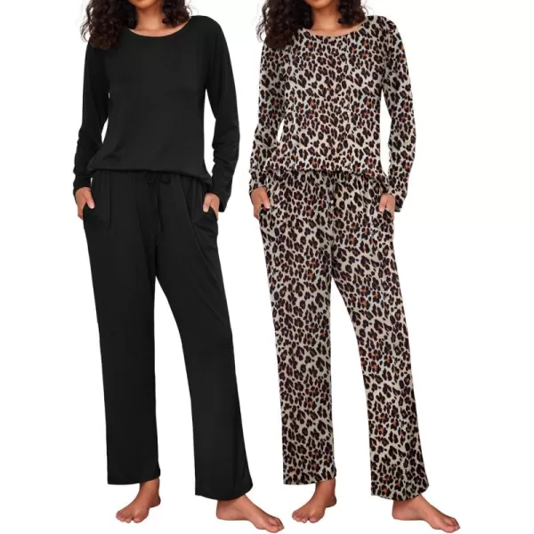 Ekouaer 2 Pack Womens Pajama Set Soft Long Sleeve Sleepwear Loungewear Pjs Sets with Pockets SXXLAblackLeopard