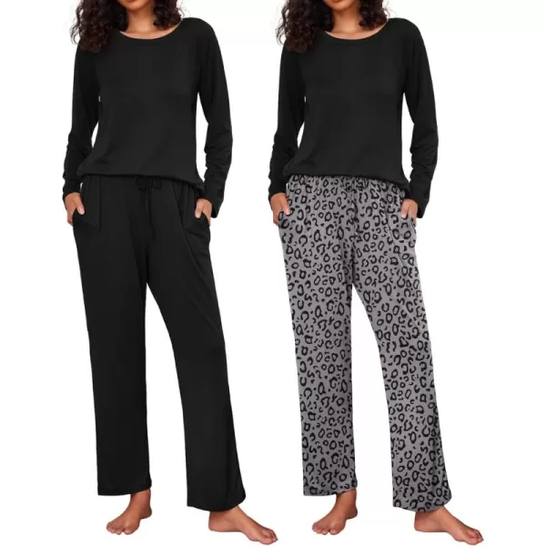 Ekouaer 2 Pack Womens Pajama Set Soft Long Sleeve Sleepwear Loungewear Pjs Sets with Pockets SXXLBlackBlack Leopard