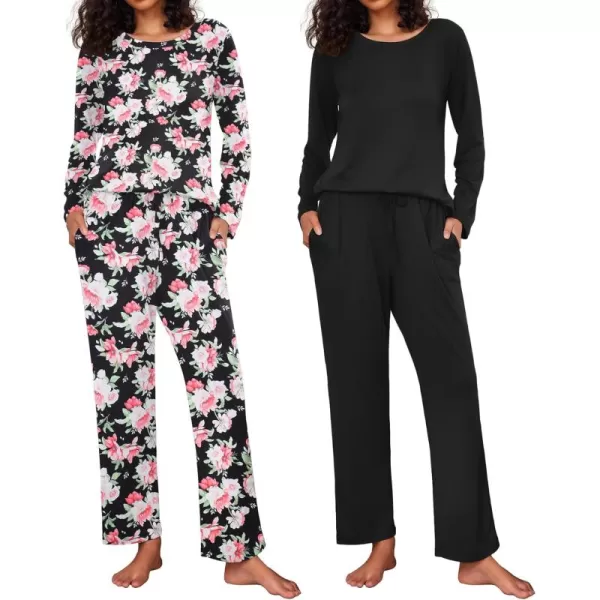 Ekouaer 2 Pack Womens Pajama Set Soft Long Sleeve Sleepwear Loungewear Pjs Sets with Pockets SXXLBlackFlower