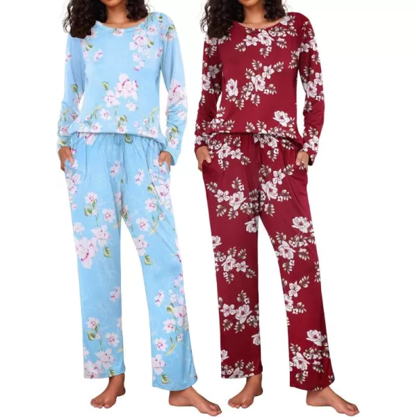 Ekouaer 2 Pack Womens Pajama Set Soft Long Sleeve Sleepwear Loungewear Pjs Sets with Pockets SXXLBlue FlowerWine Red Flower