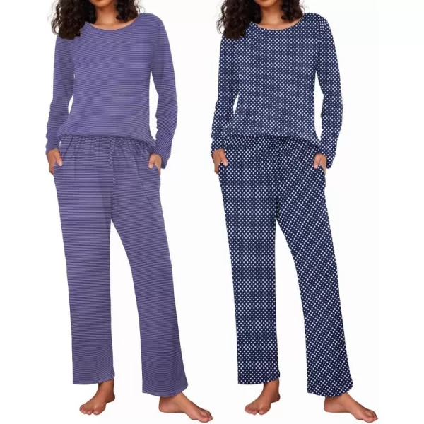 Ekouaer 2 Pack Womens Pajama Set Soft Long Sleeve Sleepwear Loungewear Pjs Sets with Pockets SXXLBlue StripeNavy Dots