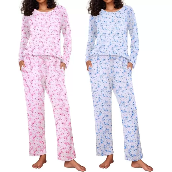 Ekouaer 2 Pack Womens Pajama Set Soft Long Sleeve Sleepwear Loungewear Pjs Sets with Pockets SXXLButterfly BlueButterfly Pink