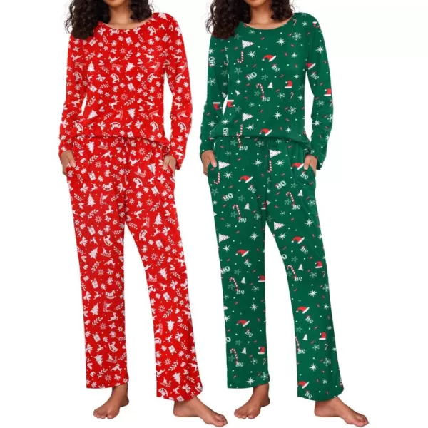 Ekouaer 2 Pack Womens Pajama Set Soft Long Sleeve Sleepwear Loungewear Pjs Sets with Pockets SXXLChristmas RedXmas Green