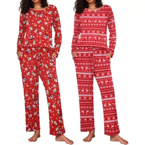 Ekouaer 2 Pack Womens Pajama Set Soft Long Sleeve Sleepwear Loungewear Pjs Sets with Pockets SXXLChristmas SnowmanChristmas Snowflakes