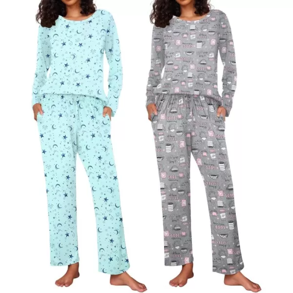 Ekouaer 2 Pack Womens Pajama Set Soft Long Sleeve Sleepwear Loungewear Pjs Sets with Pockets SXXLCoffee  Star Print