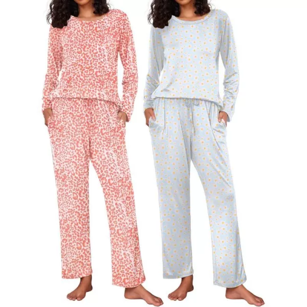 Ekouaer 2 Pack Womens Pajama Set Soft Long Sleeve Sleepwear Loungewear Pjs Sets with Pockets SXXLGp10leoparddaisies