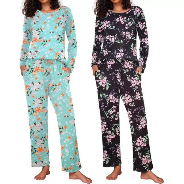 Ekouaer 2 Pack Womens Pajama Set Soft Long Sleeve Sleepwear Loungewear Pjs Sets with Pockets SXXLGp12green Flowerblack Flower