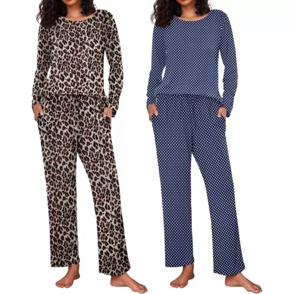 Ekouaer 2 Pack Womens Pajama Set Soft Long Sleeve Sleepwear Loungewear Pjs Sets with Pockets SXXLGp18leopardnavy Dots