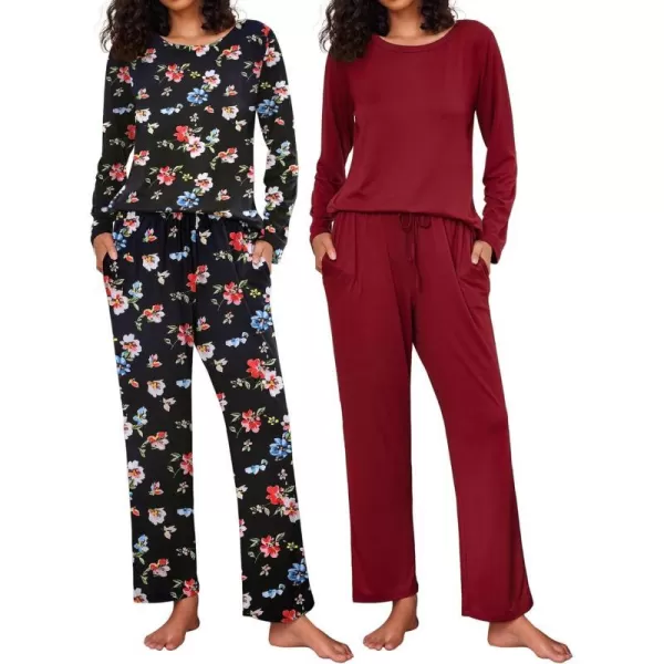 Ekouaer 2 Pack Womens Pajama Set Soft Long Sleeve Sleepwear Loungewear Pjs Sets with Pockets SXXLGp1wine Redblack Flower