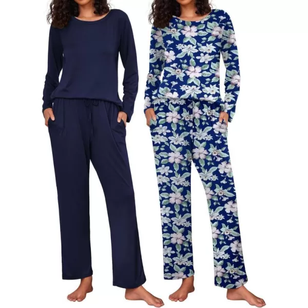 Ekouaer 2 Pack Womens Pajama Set Soft Long Sleeve Sleepwear Loungewear Pjs Sets with Pockets SXXLGp2navynavy Flower