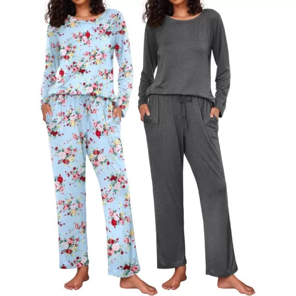 Ekouaer 2 Pack Womens Pajama Set Soft Long Sleeve Sleepwear Loungewear Pjs Sets with Pockets SXXLGp4grayblue Flower