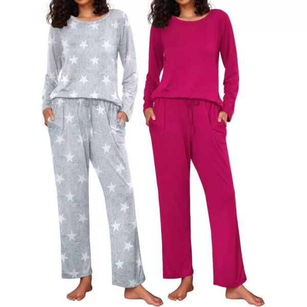 Ekouaer 2 Pack Womens Pajama Set Soft Long Sleeve Sleepwear Loungewear Pjs Sets with Pockets SXXLGp5rose Redgray Star