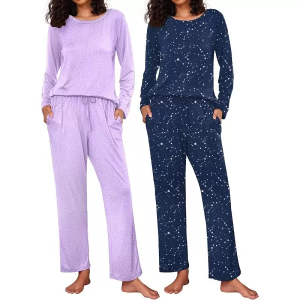 Ekouaer 2 Pack Womens Pajama Set Soft Long Sleeve Sleepwear Loungewear Pjs Sets with Pockets SXXLGp8lilac Dotsnavy Star