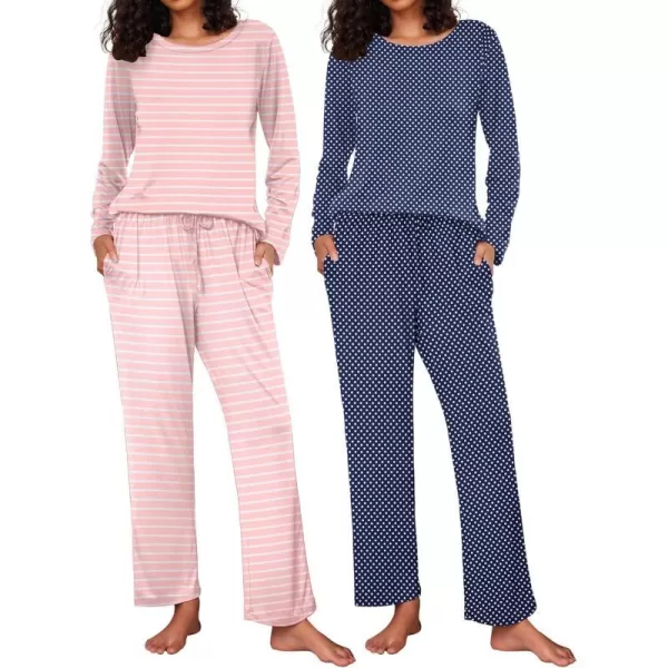 Ekouaer 2 Pack Womens Pajama Set Soft Long Sleeve Sleepwear Loungewear Pjs Sets with Pockets SXXLGp9pink Stripenavy Dots