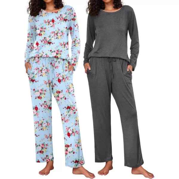 Ekouaer 2 Pack Womens Pajama Set Soft Long Sleeve Sleepwear Loungewear Pjs Sets with Pockets SXXLGrayBlue Flower