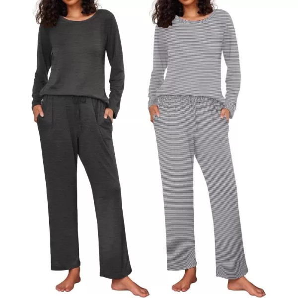 Ekouaer 2 Pack Womens Pajama Set Soft Long Sleeve Sleepwear Loungewear Pjs Sets with Pockets SXXLGrayGray Stripe