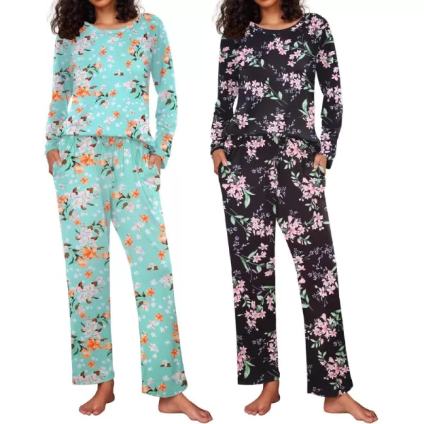 Ekouaer 2 Pack Womens Pajama Set Soft Long Sleeve Sleepwear Loungewear Pjs Sets with Pockets SXXLGreen FlowerBlack Flower