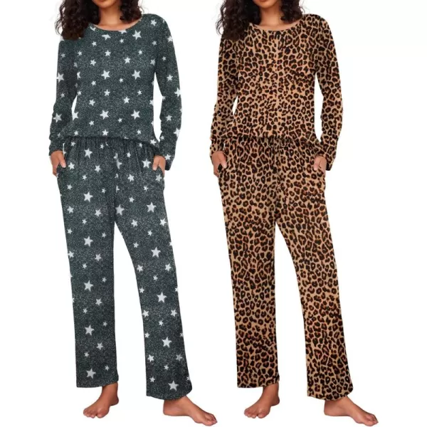 Ekouaer 2 Pack Womens Pajama Set Soft Long Sleeve Sleepwear Loungewear Pjs Sets with Pockets SXXLLeopardDark Gray Star