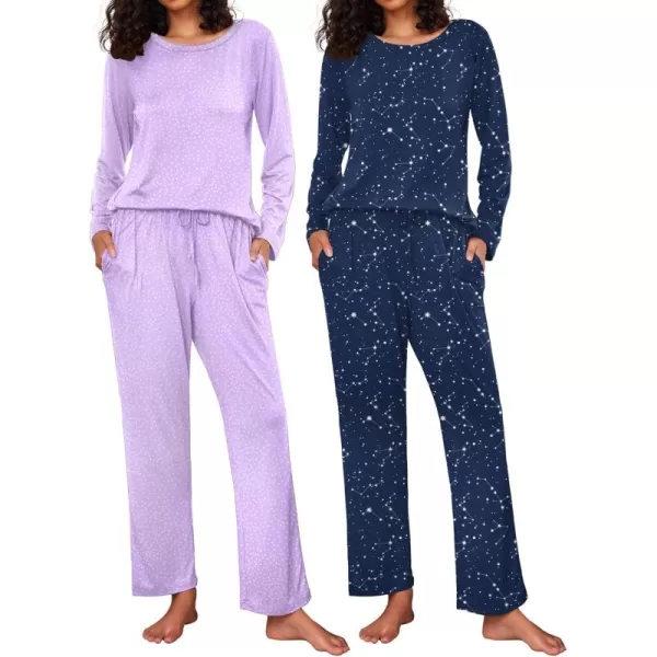 Ekouaer 2 Pack Womens Pajama Set Soft Long Sleeve Sleepwear Loungewear Pjs Sets with Pockets SXXLLilac DotsNavy Star