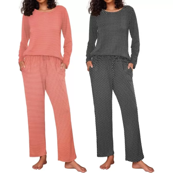 Ekouaer 2 Pack Womens Pajama Set Soft Long Sleeve Sleepwear Loungewear Pjs Sets with Pockets SXXLRed StripeBlack Dots