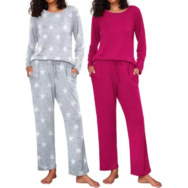 Ekouaer 2 Pack Womens Pajama Set Soft Long Sleeve Sleepwear Loungewear Pjs Sets with Pockets SXXLRose RedGray Star