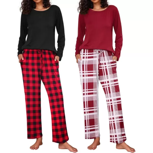 Ekouaer 2 Pack Womens Pajama Set Soft Long Sleeve Sleepwear Loungewear Pjs Sets with Pockets SXXLWine Red PlaidBlack Red Plaid