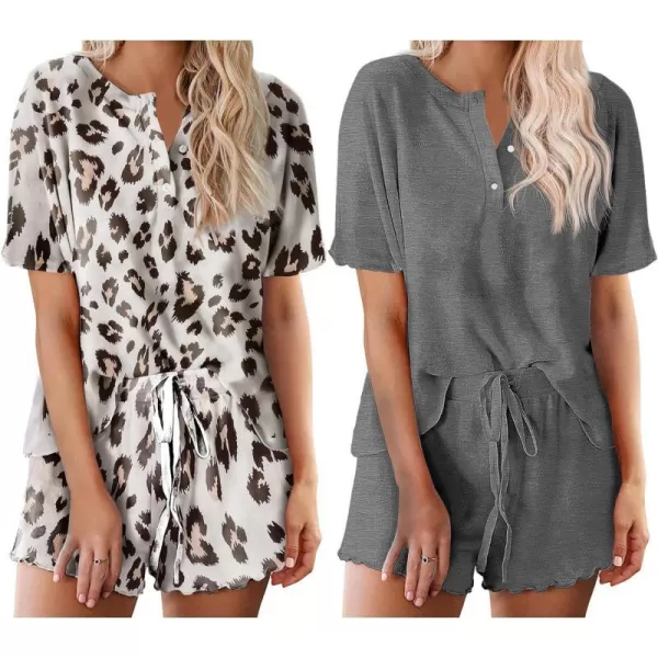 Ekouaer 2 Pack Womens Pajama Sets Short Sleeve Top with Shorts Soft Comfy Loungewear Sleepwear SXXLGp10white Leopardgray