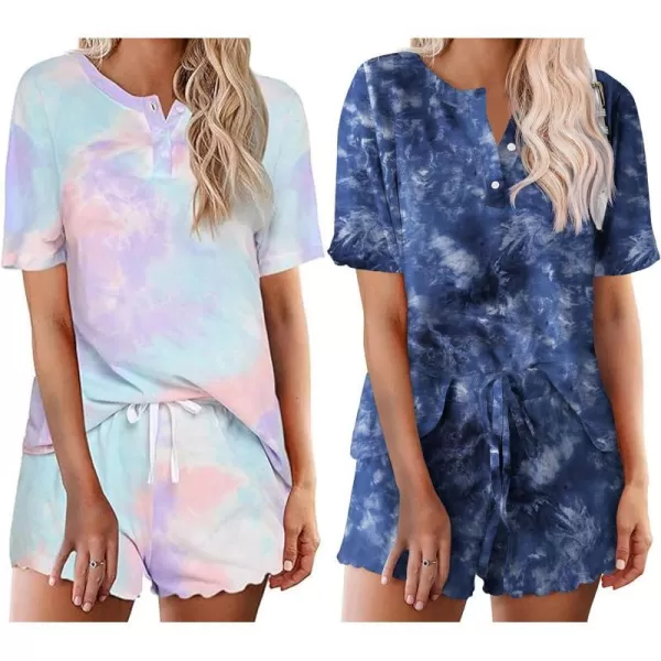 Ekouaer 2 Pack Womens Pajama Sets Short Sleeve Top with Shorts Soft Comfy Loungewear Sleepwear SXXLGp1tie Dye Pink Bluetie Dye Blue