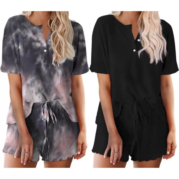 Ekouaer 2 Pack Womens Pajama Sets Short Sleeve Top with Shorts Soft Comfy Loungewear Sleepwear SXXLGp2tie Dye Black Pinkblack