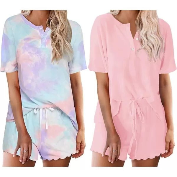 Ekouaer 2 Pack Womens Pajama Sets Short Sleeve Top with Shorts Soft Comfy Loungewear Sleepwear SXXLGp3tie Dye Pink Bluepink