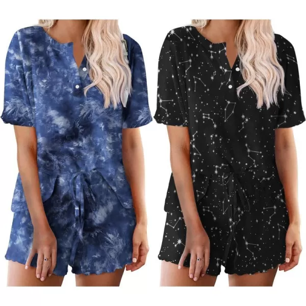 Ekouaer 2 Pack Womens Pajama Sets Short Sleeve Top with Shorts Soft Comfy Loungewear Sleepwear SXXLGp5tie Dye Blueblack Sky