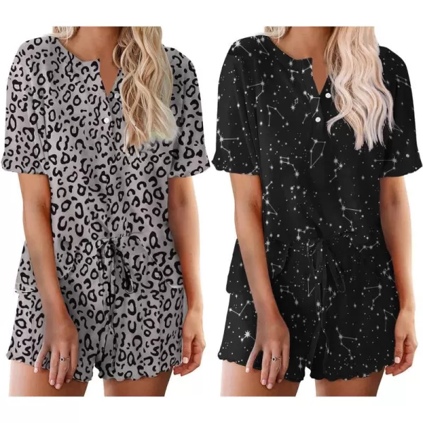 Ekouaer 2 Pack Womens Pajama Sets Short Sleeve Top with Shorts Soft Comfy Loungewear Sleepwear SXXLGp6gray Leopardblack