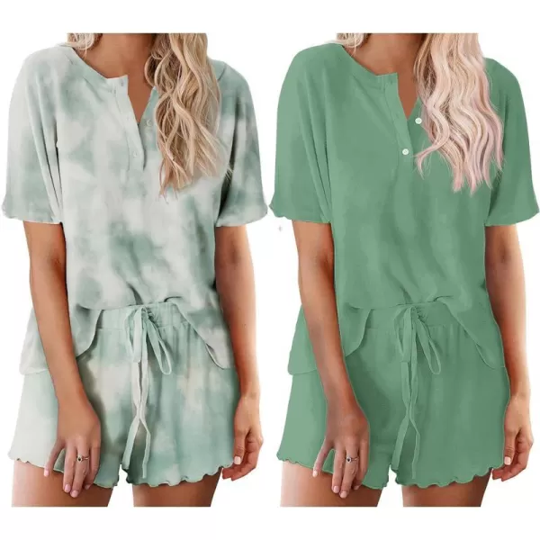 Ekouaer 2 Pack Womens Pajama Sets Short Sleeve Top with Shorts Soft Comfy Loungewear Sleepwear SXXLGp7tie Dye Light Greengreen